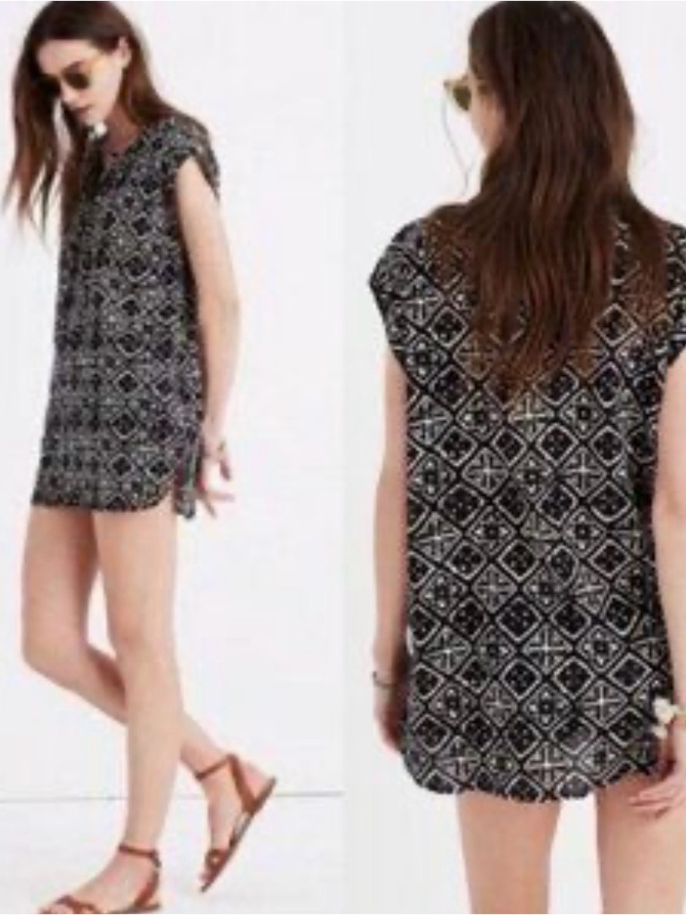 Madewell White & Black Patterned Tie Neck Dress Size Small